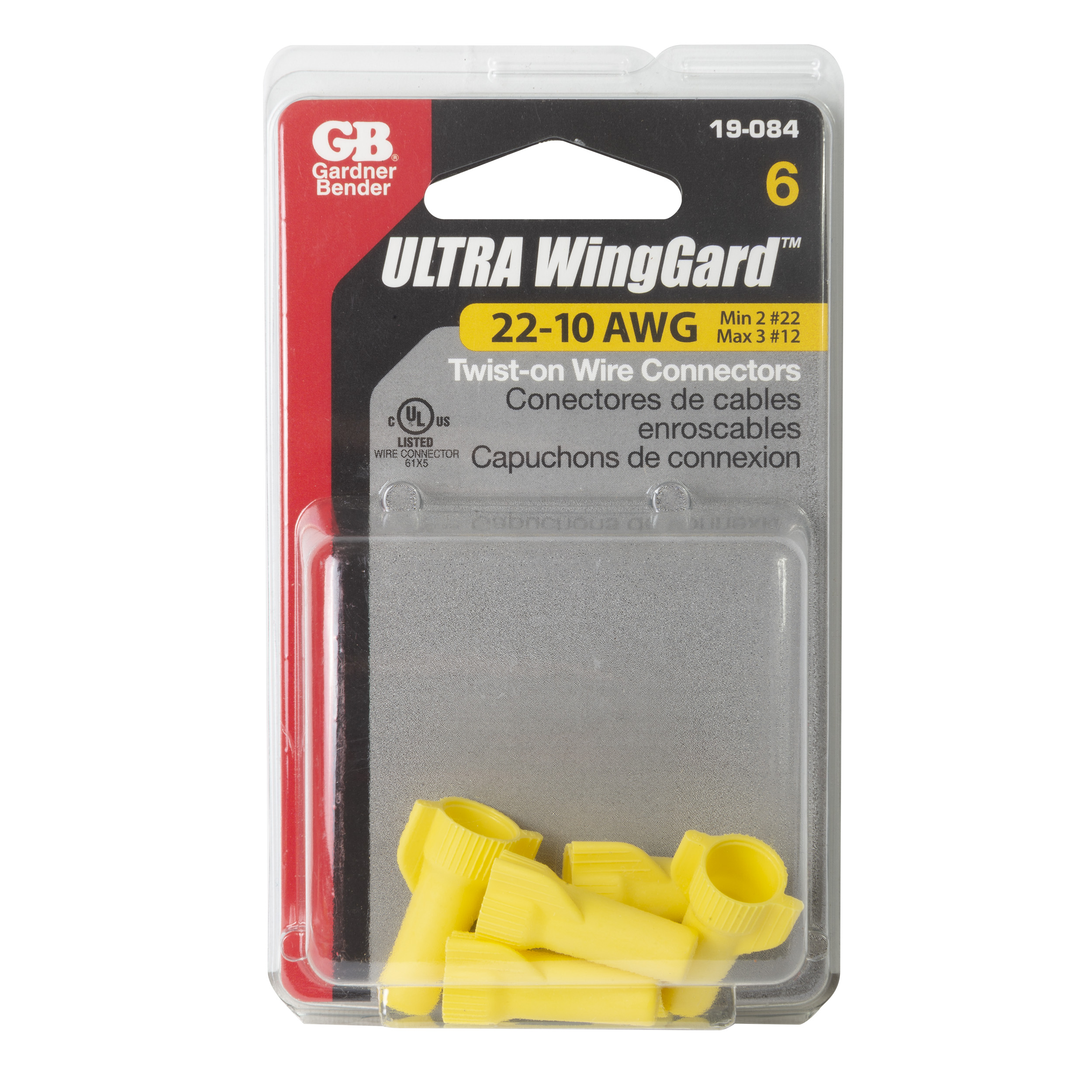 WingGard ULTRA, High-Leverage, Easy-on, Wing-type, Twist-on Wire Connector, Yellow #22-#10 AWG (5 mm²); 6/Crd WingGard ULTRA, High-Leverage, Easy-on, Wing-type, Twist-on Wire Connector, Yellow #22-#10 AWG (5 mm²); 6/Crd