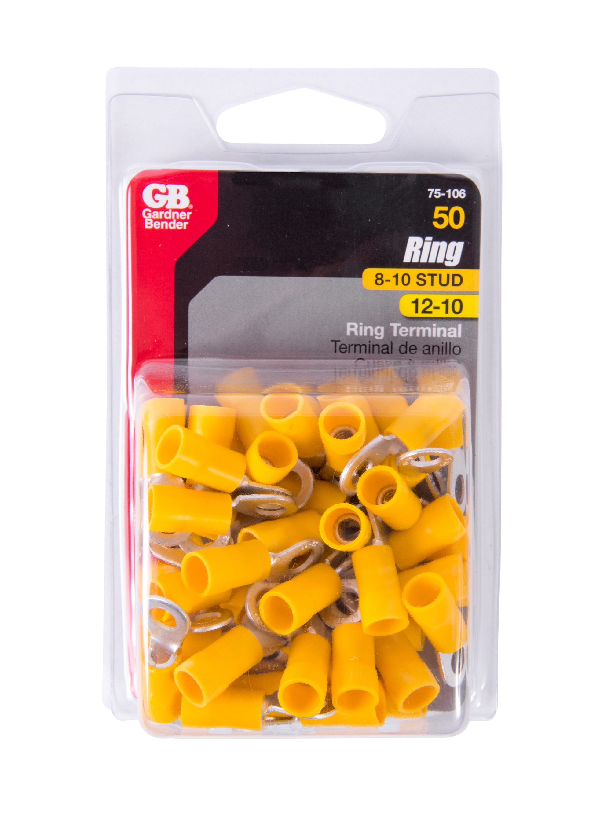 12-#10 AWG (5 mm²) Vinyl-Insulated Ring Terminals (8 to 10 Stud)