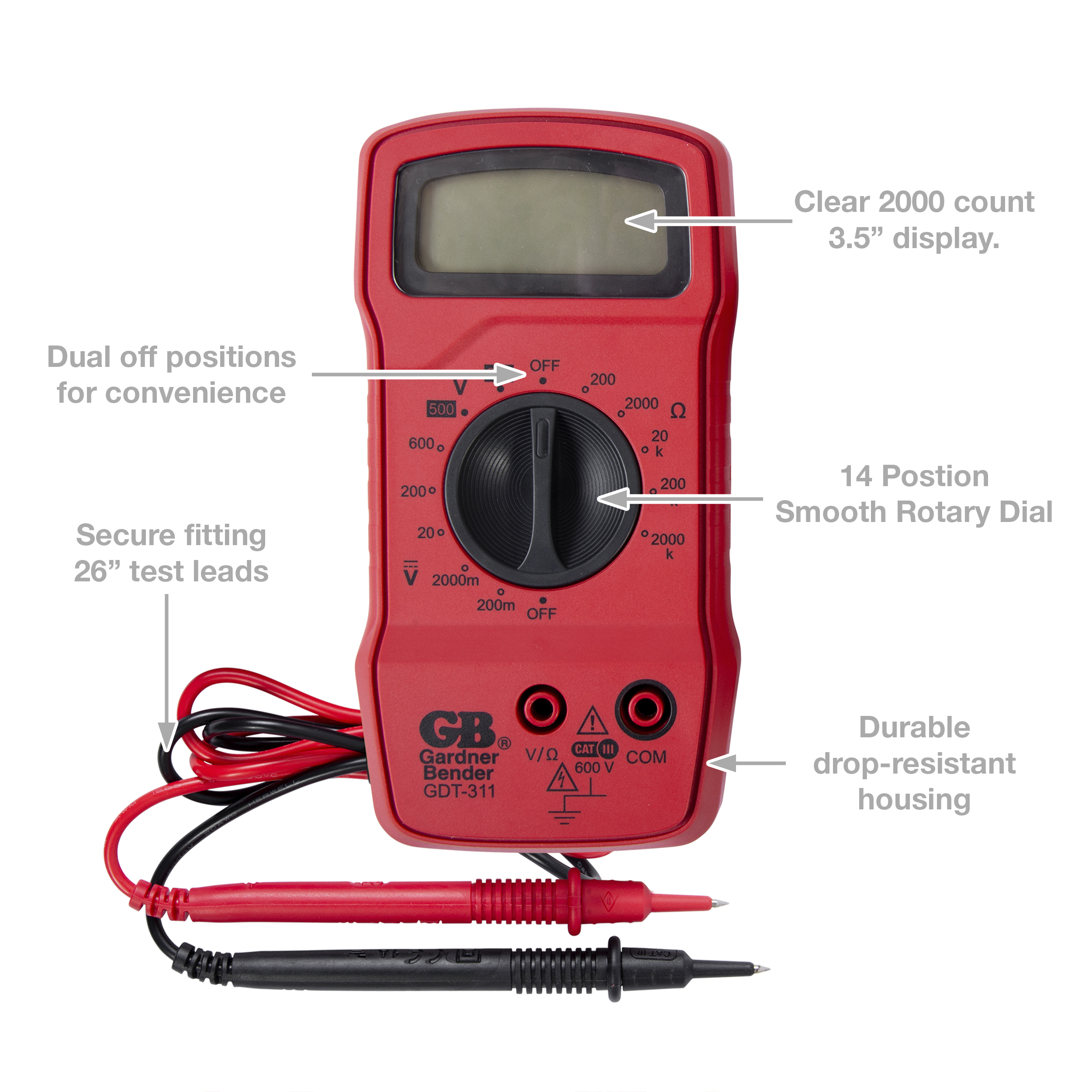 Gardner Bender GDT311 Digital Multimeter, 3 Function, 14 Range, Tests