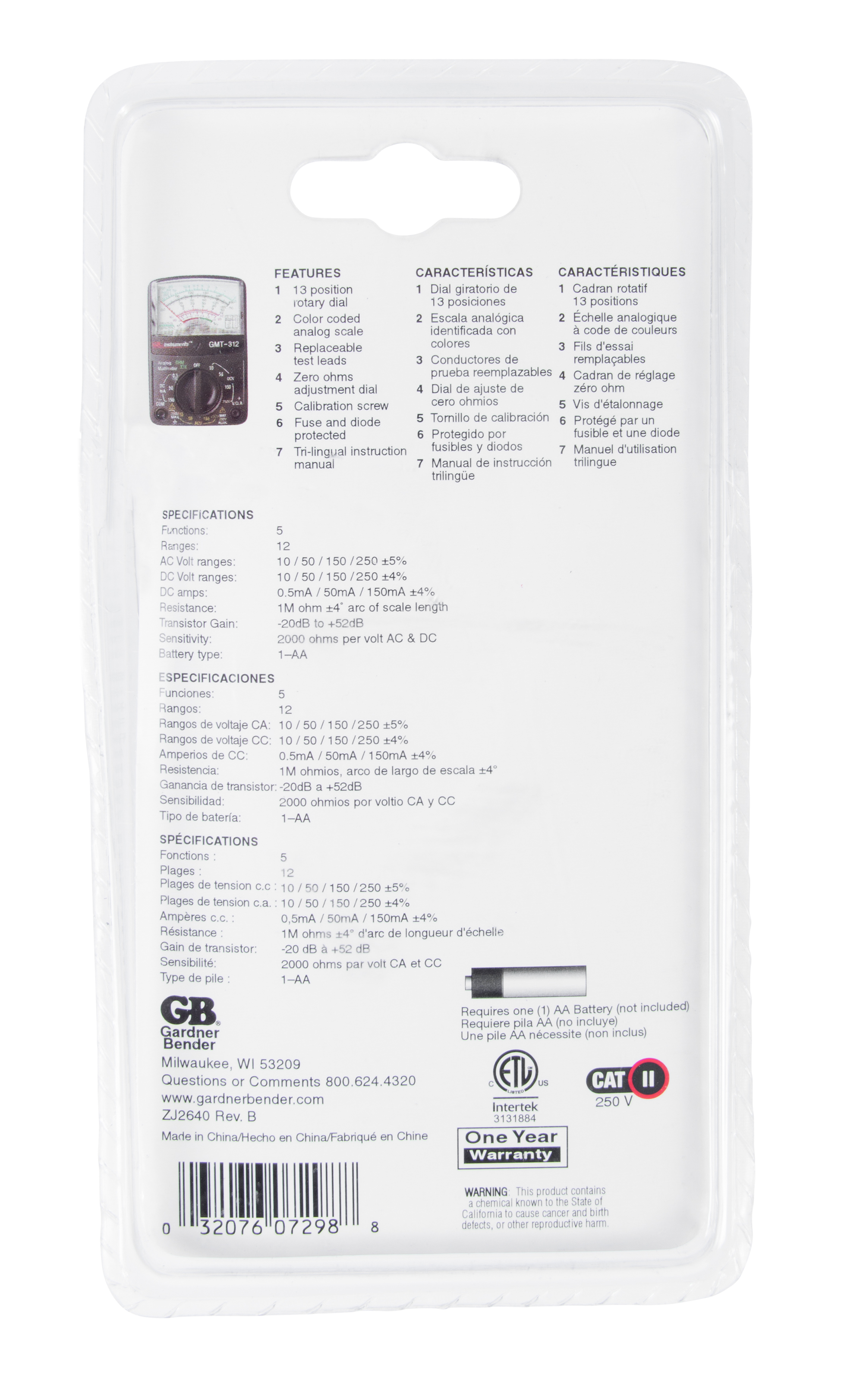12 Range Details about   Gardner Bender GMT-312 Analog Multimeter 5 Function 
