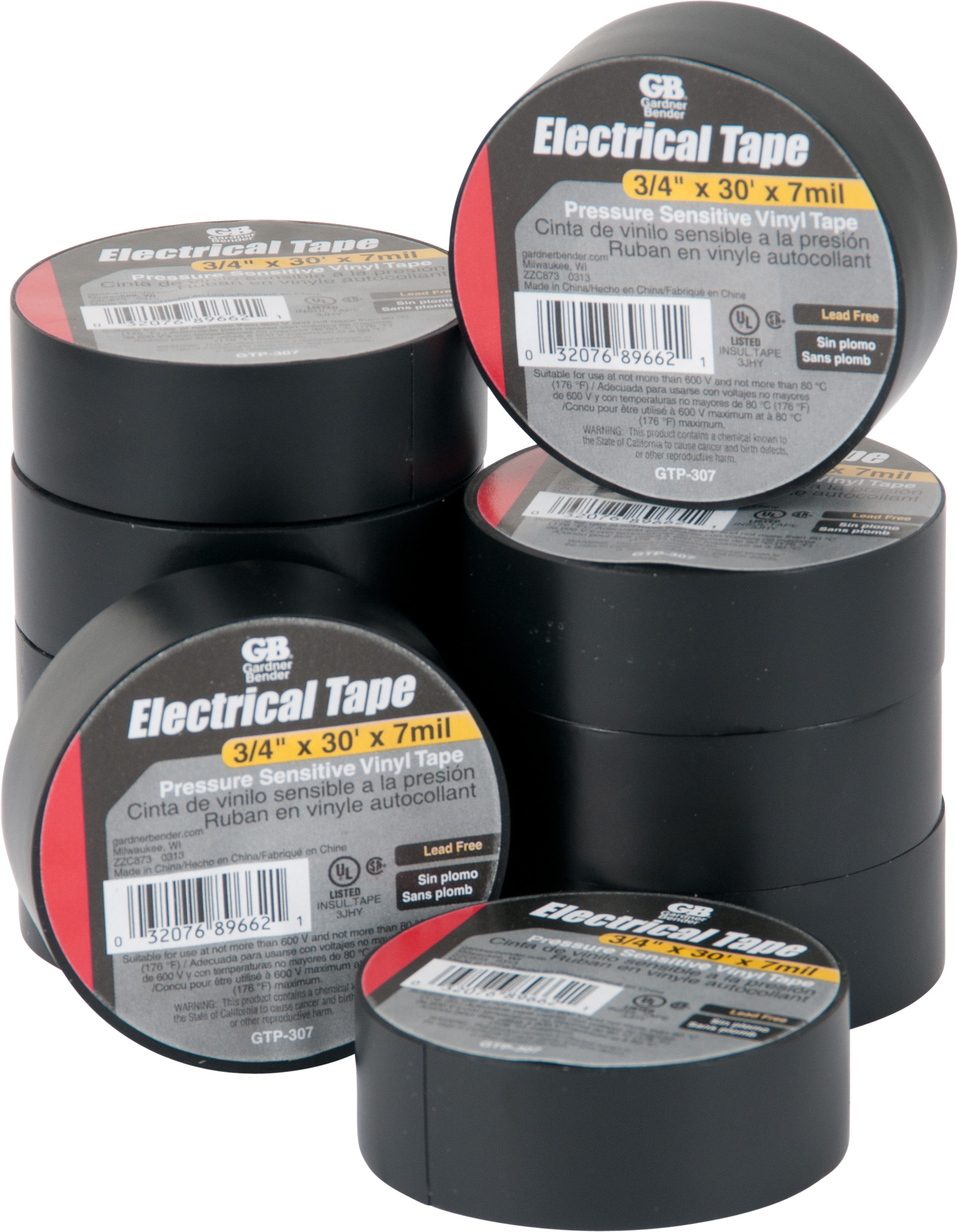 Black Electrical Tape, 3/4 in. W x 30 Ft. L x 7 ml, Lead Free, PVC, (10