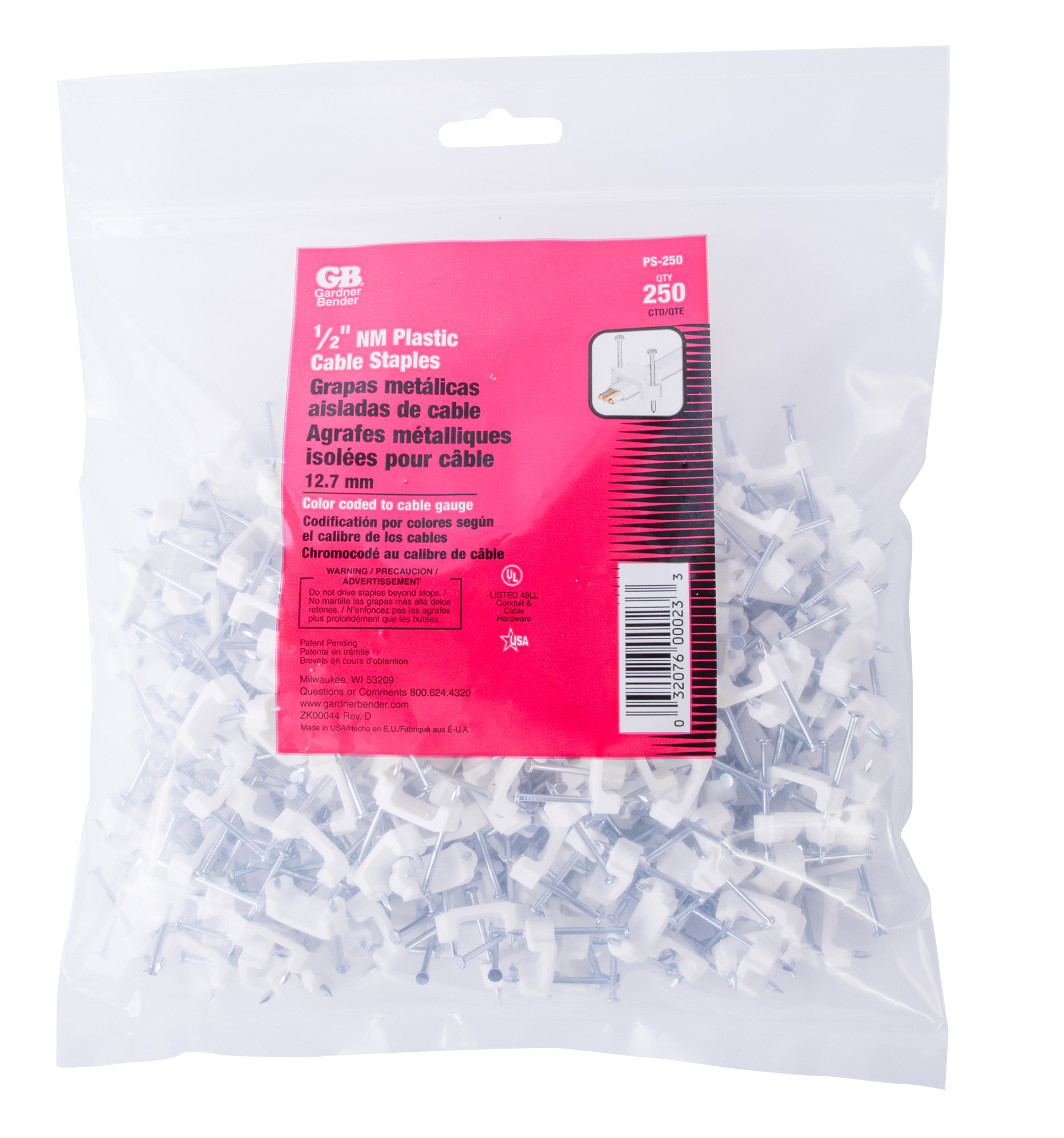 Gardner Bender PS-250N Insulated Cable Staples – 1/2" Plastic, 250-Pack