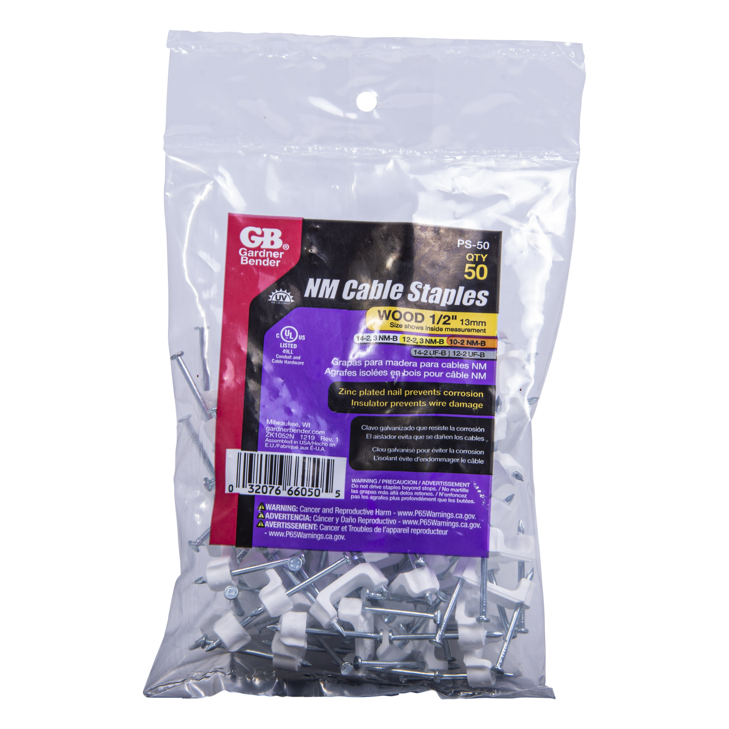 1/2 in (13 mm), Plastic Polyethylene NM Cable Staple, Zinc 1/2 in (13 mm), Plastic Polyethylene NM Cable Staple, Zinc