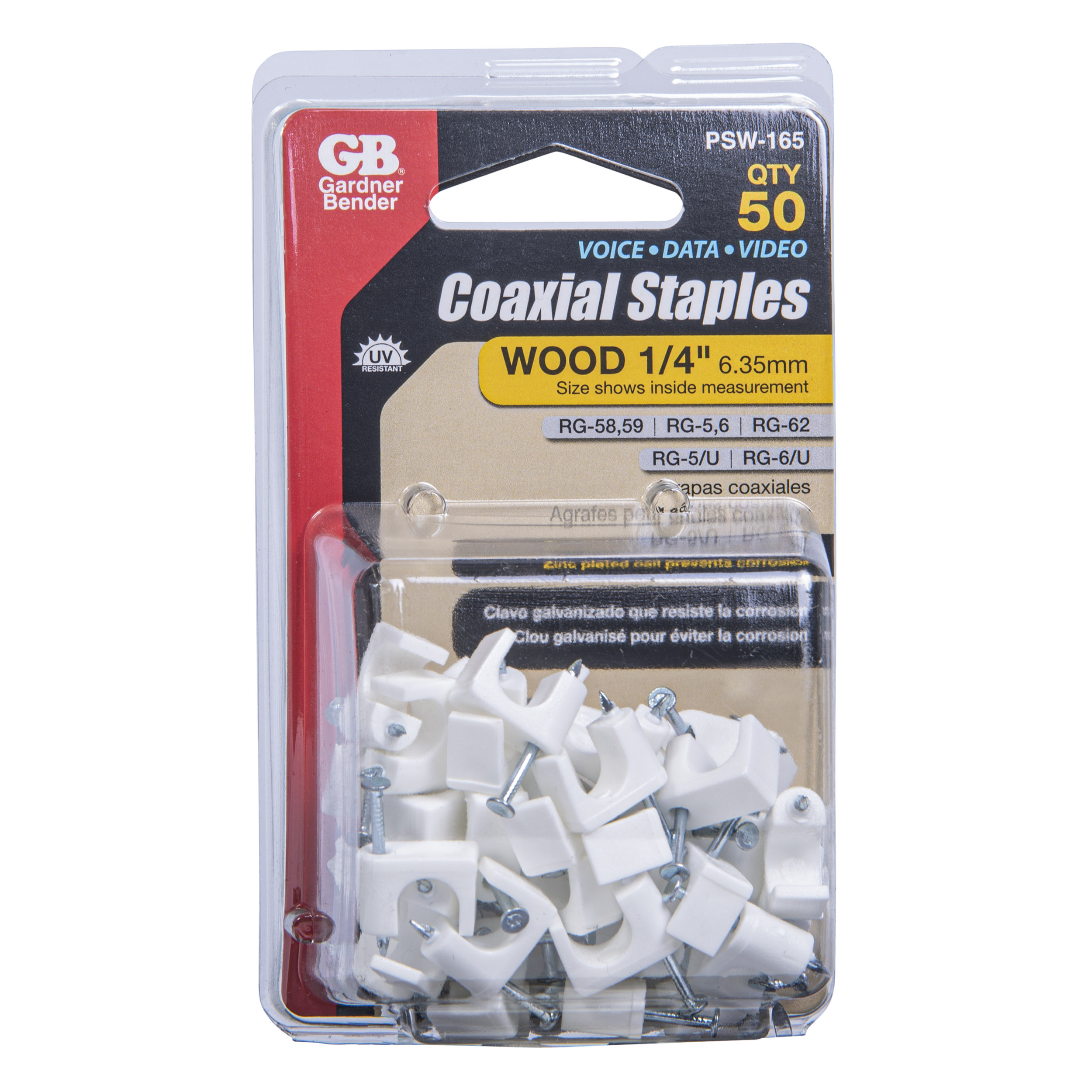 1/4 in. (6 mm) Polyethylene Coaxial Staple, Secure RG-59 and RG-6, Zinc Plated Nail for Wood App, White (50-Pkg) 1/4 in. (6 mm) Polyethylene Coaxial Staple, Secure RG-59 and RG-6, Zinc Plated Nail for Wood App, White (50-Pkg)