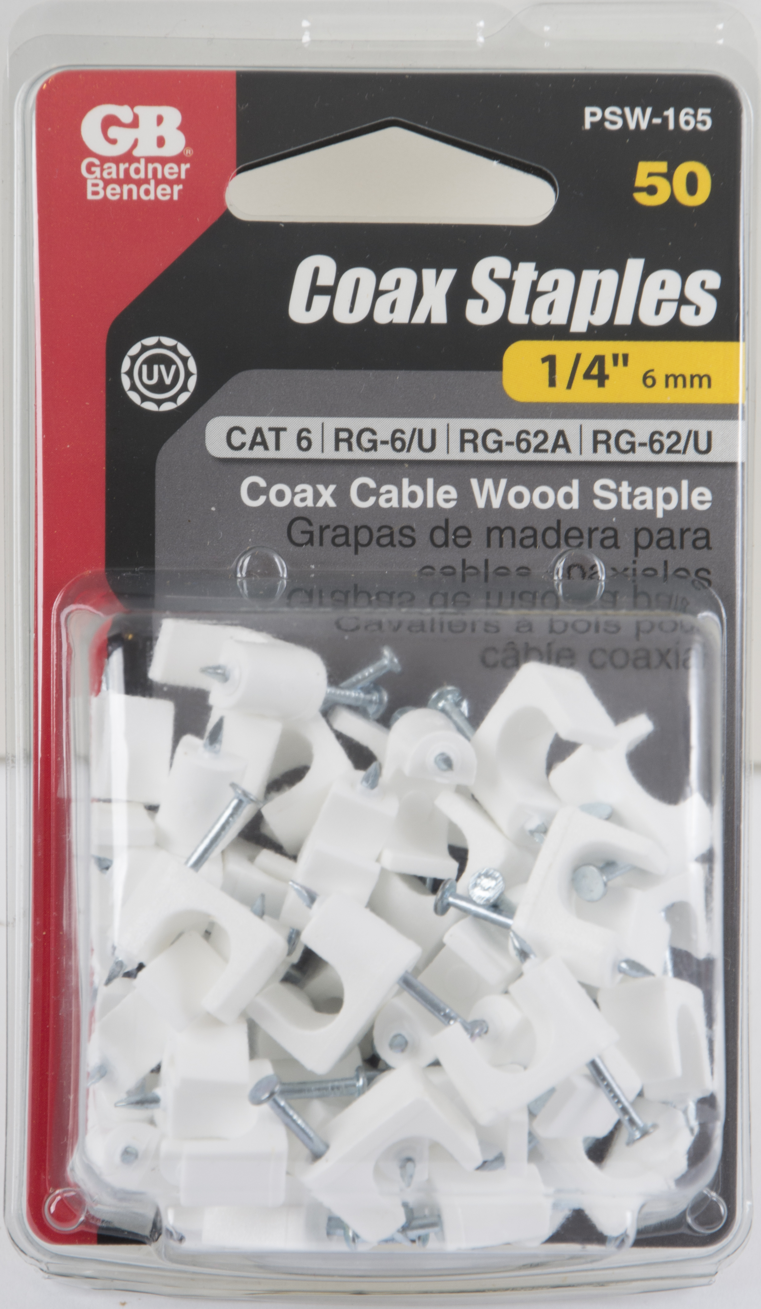 1/4 in. (6 mm) Polyethylene Coaxial Staple, Secure RG-59 and RG-6, Zinc Plated Nail for Wood App, White (50-Pkg) 1/4 in. (6 mm) Polyethylene Coaxial Staple, Secure RG-59 and RG-6, Zinc Plated Nail for Wood App, White (50-Pkg)